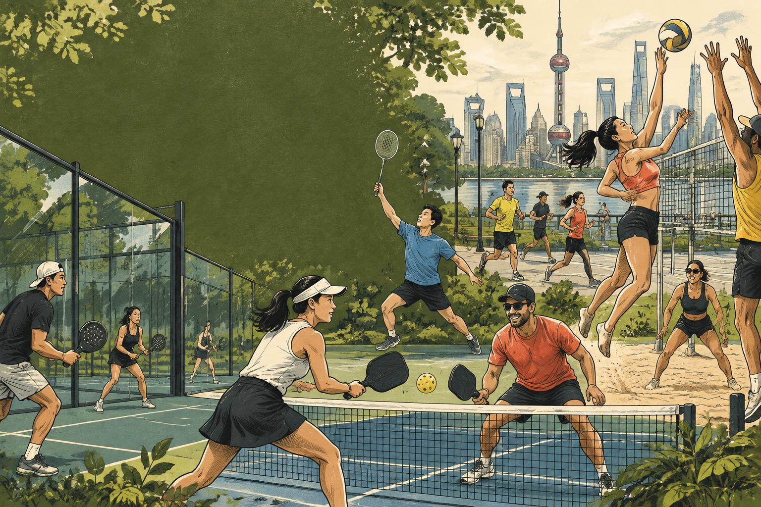 A diverse PlayOn community enjoying volleyball, badminton, pickleball, padel, and running